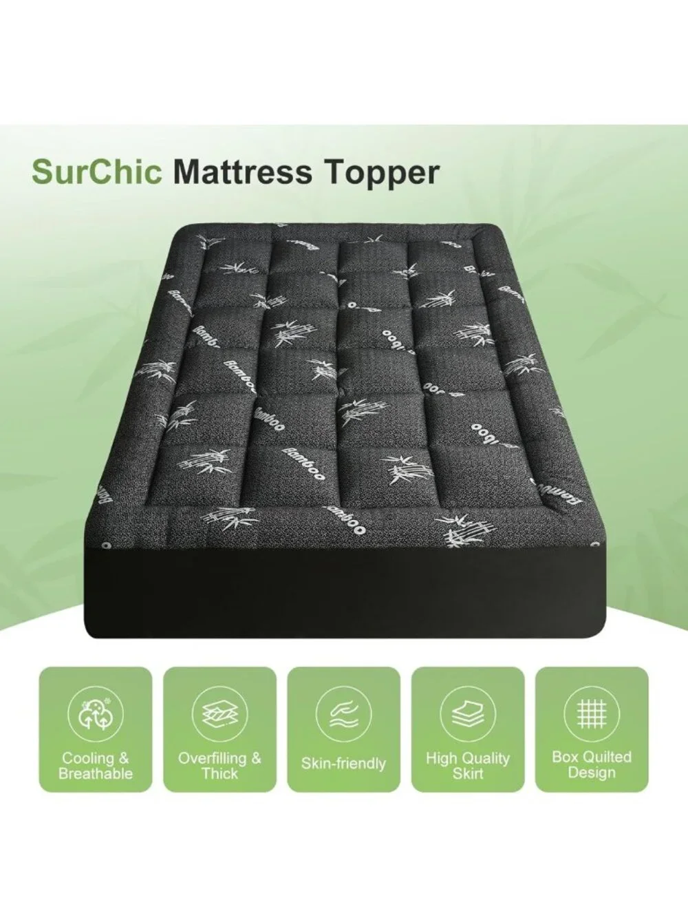 Queen Mattress Topper - Soft Bamboo Pillow Top, Cooling Pad for Back Pain, Deep